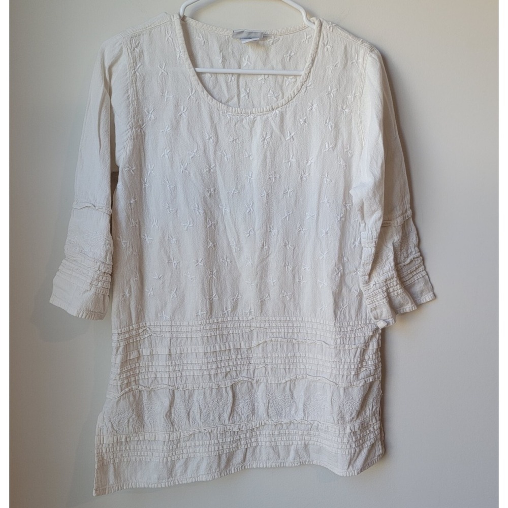 Vintage Eucalyptus Top Size Xs White Floral Earthy Ruffle‎ Boho 3/4 Sleeve